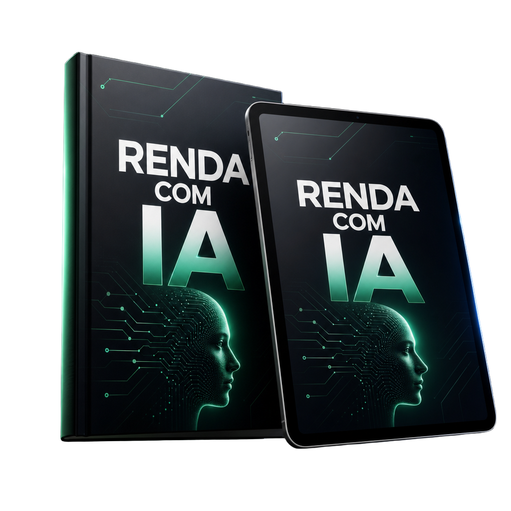 Mockup do ebook e curso digital Renda com IA em tablet
